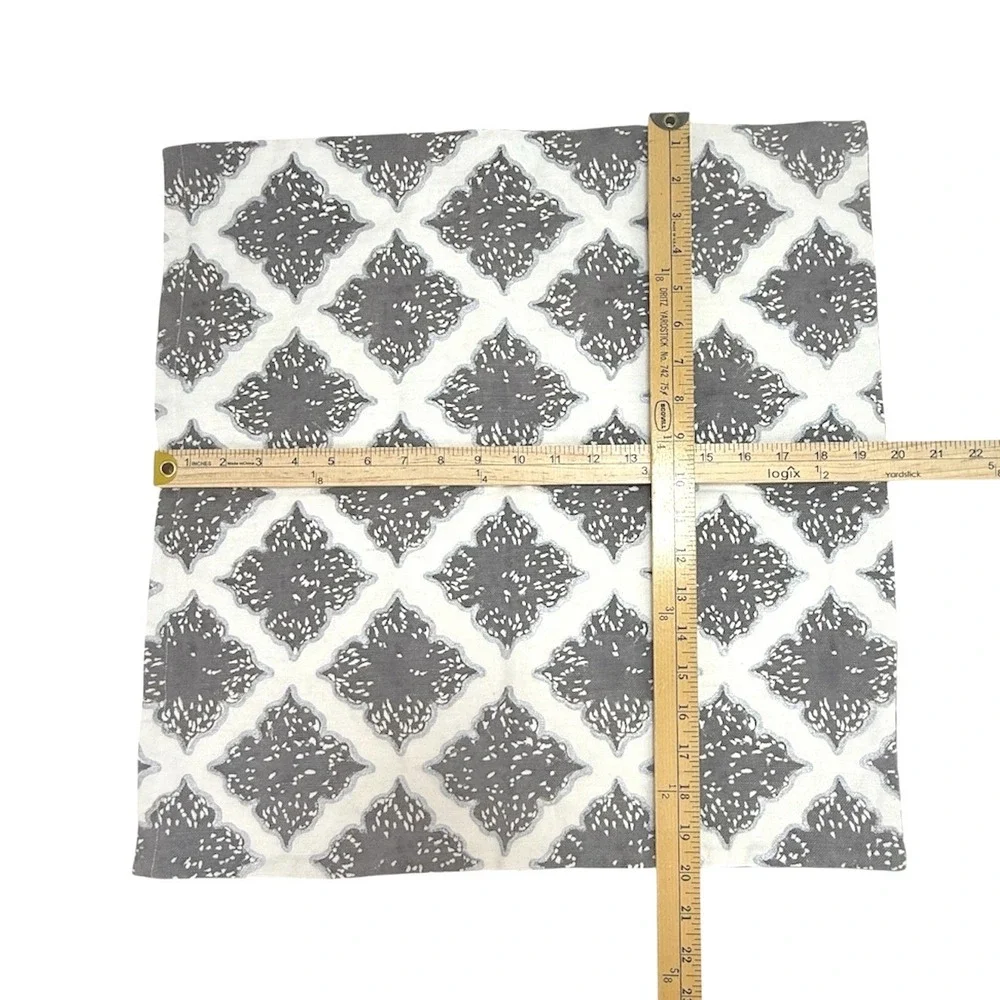 John Robshaw Linen Blend Pillow Sham 20x20 Grey Silver Metallic Block Print Zip